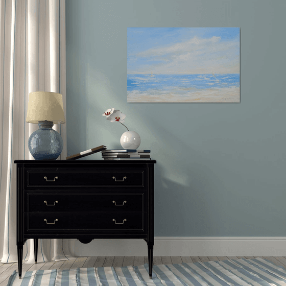 FREEDOM. Abstract Ocean Light Blue Acrylic Painting on Canvas, Contemporary Seascape, Coastal Art