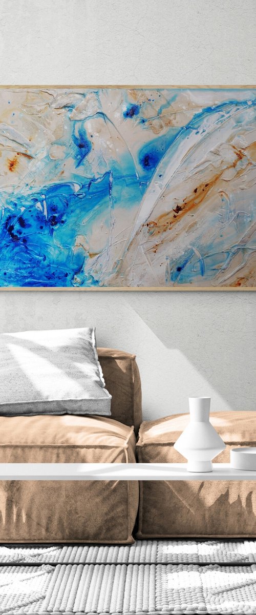 Casbah Rush 190cm x 100cm Blue Cream Textured Abstract Art by Franko