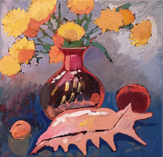 Painting. Still life with flowers and a seashell