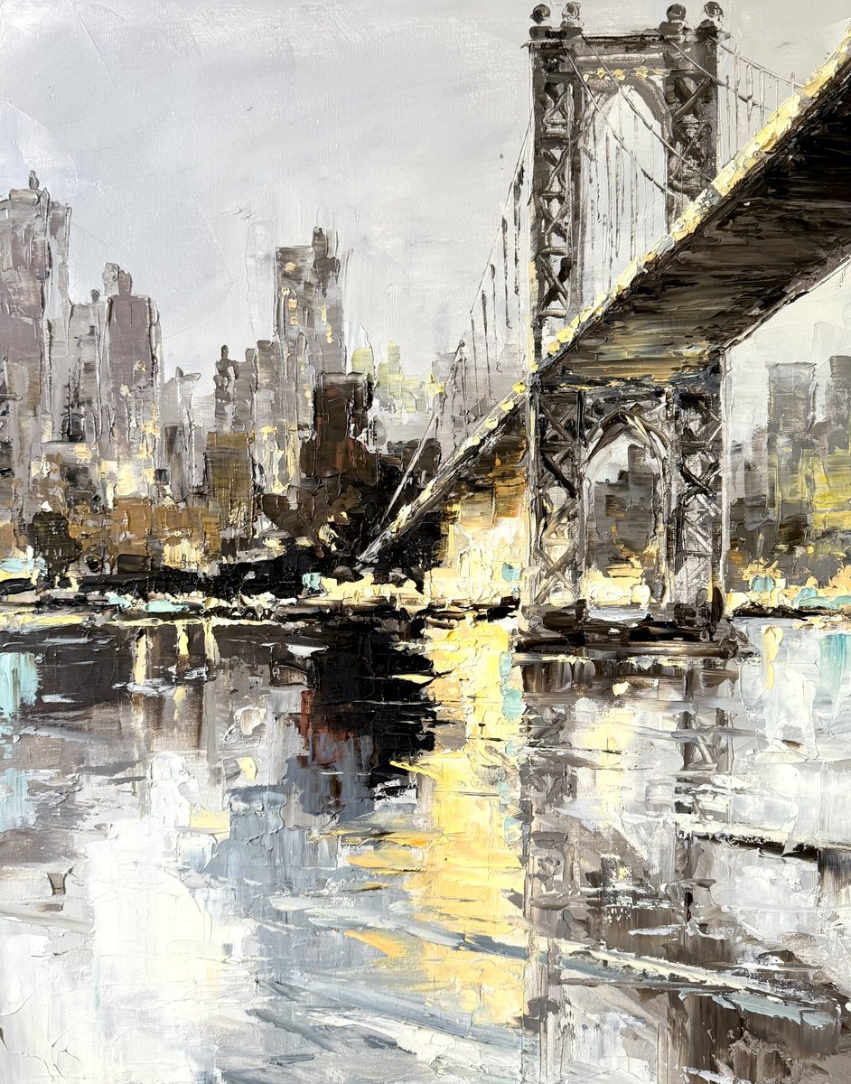 Impressionistic Landscape Oil Painting By Irina Alexandrina, 16 X 20, Evening. Manhattan Bridge., Original Artwork