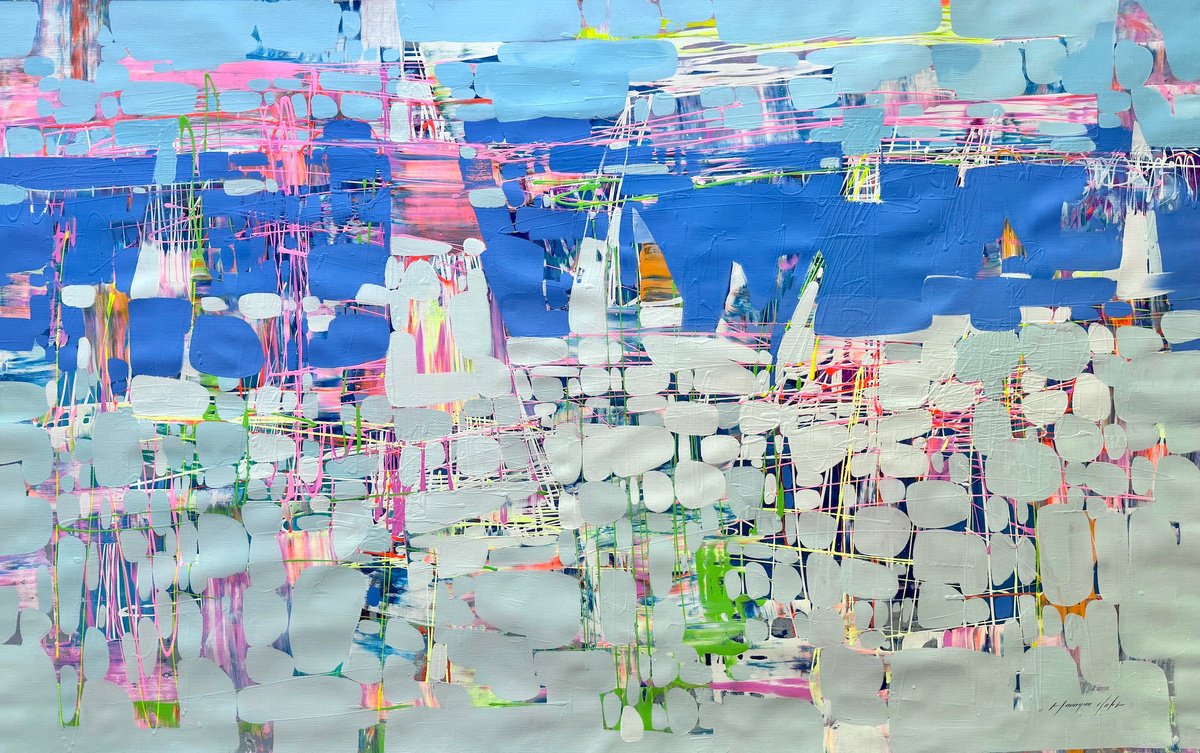 Abstract Landscape Oil Painting By Vahe Yeremyan, 63 X 38", Harbor, Original Artwork