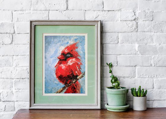 Cardinal Painting Original Art Red Bird Artwork Home Decor Small Wall Art