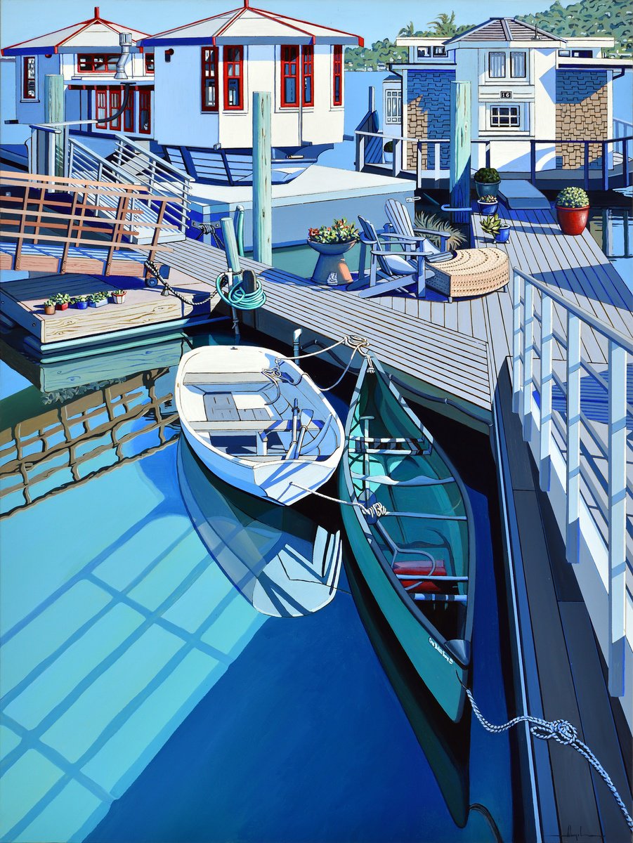 Photorealistic Landscape Acrylic Painting By Alex Nizovsky, 30 X 40, Two Boats At Sausalito Dock, Original Artwork