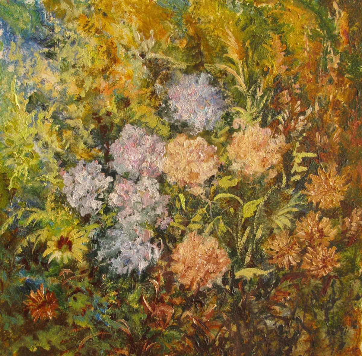 Golden floral painting ’In the Garden’ by Anna  Voloshyn
