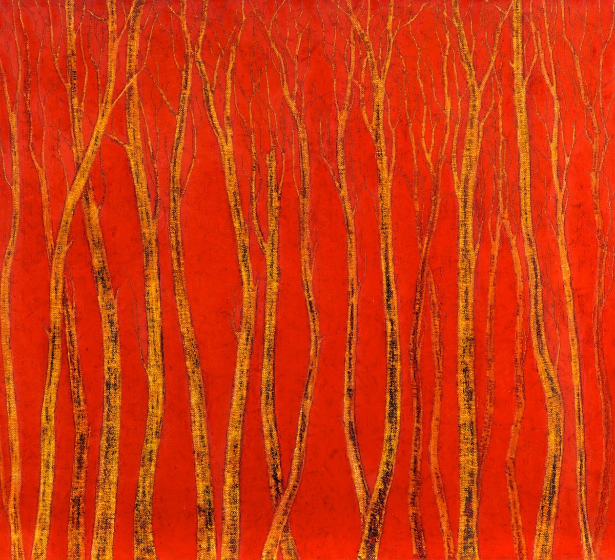 Surrealistic Botanical Oil Painting By Bruno Di Pietro, 36 X 40, Fire Red Forest, Original Artwork