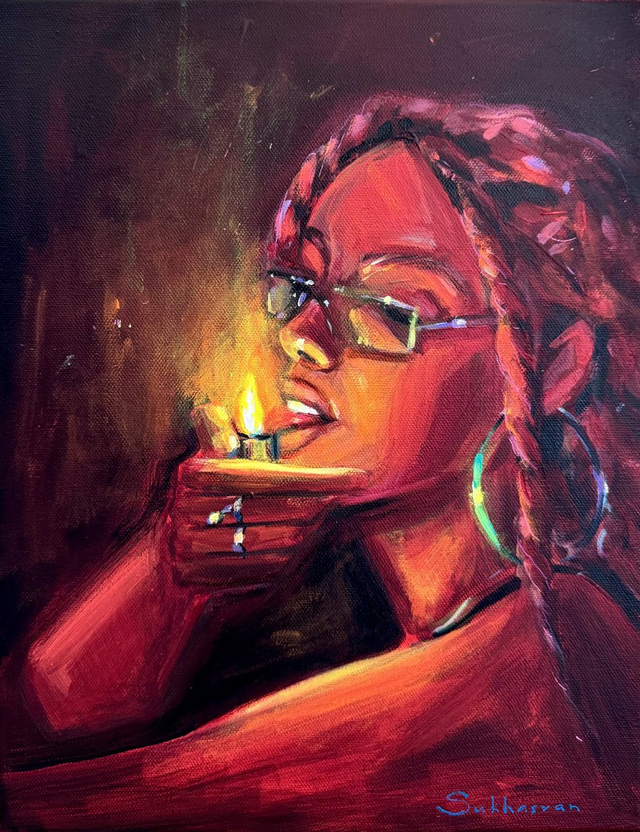 Impressionistic Portrait Acrylic Painting By Victoria Sukhasyan, 11 X 14", Young Woman With The Lighter, Original Artwork