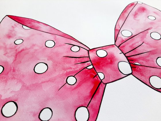 Pink Bow Art, Watercolor Painting