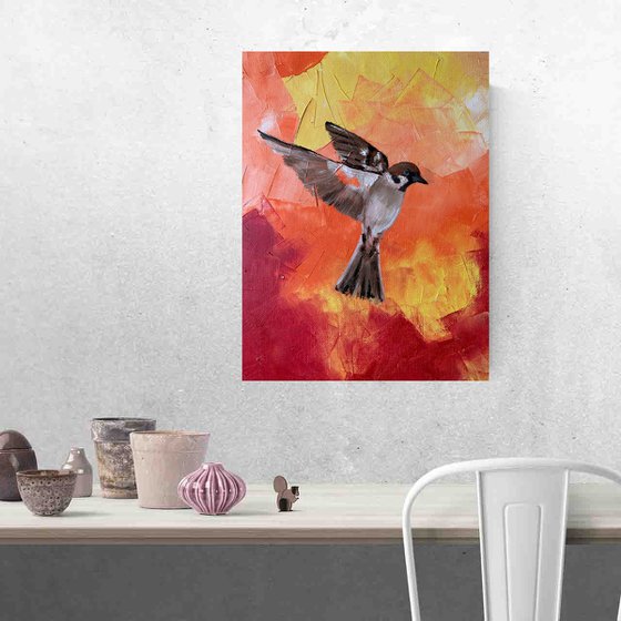 "Orange symphony" oil painting on paper / sparrow bird / bird in flight
