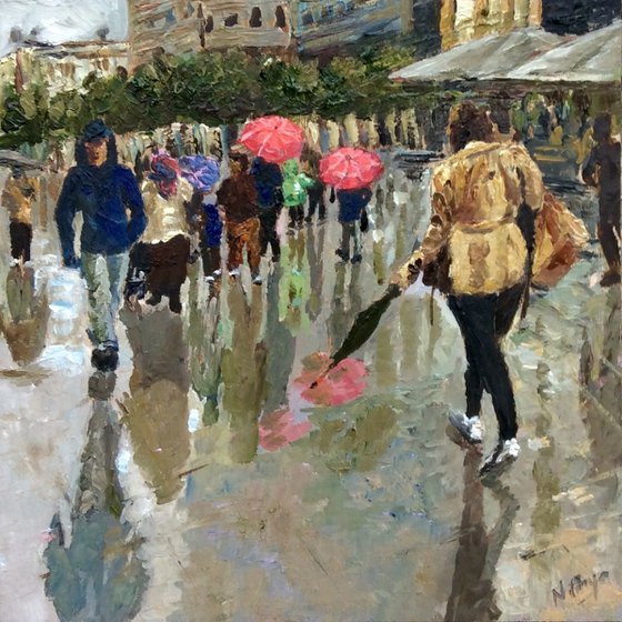 Pink Umbrellas - Original Oil painting of people