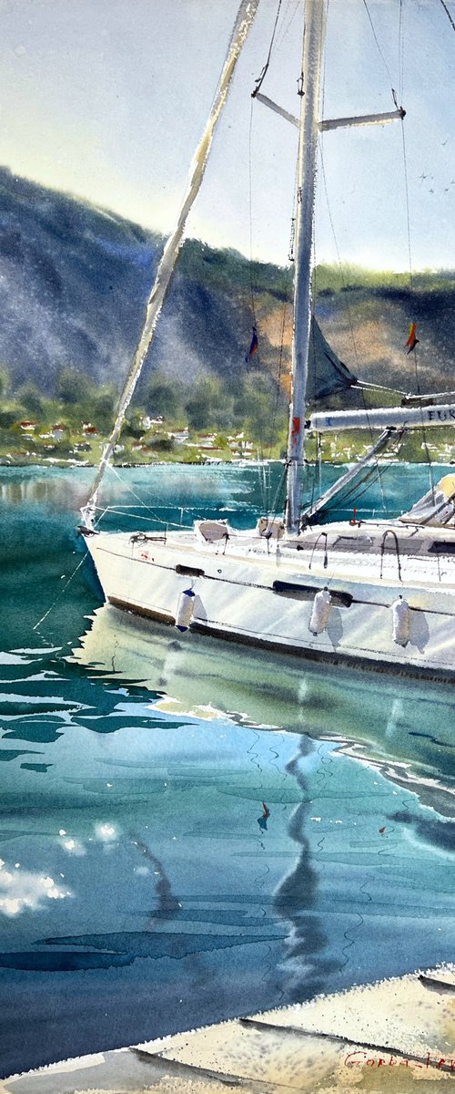 Yacht on the pier. Montenegro by Eugenia Gorbacheva