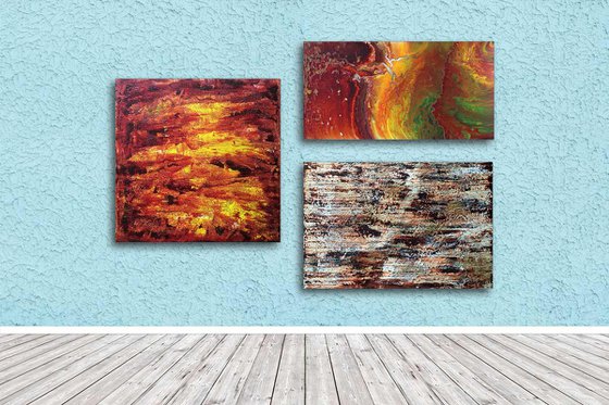 "Earth, Wind and Fire" - Save As Series - Original Large PMS Abstract Triptych Acrylic Paintings On Canvas - 66" x 42"