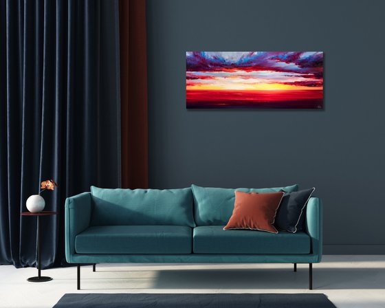 Red Sunset at the sea. Colorful Sky Oil Painting