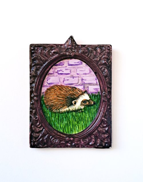 Hedgehog, part of framed animal miniature series "festum animalium" by Andromachi Giannopoulou