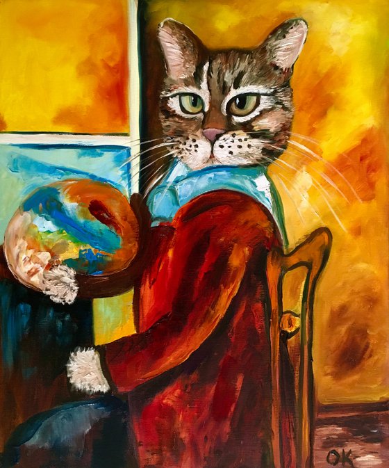 Troy The Cat  as an artist inspired by self-portrait of Amedeo Clemente Modigliani