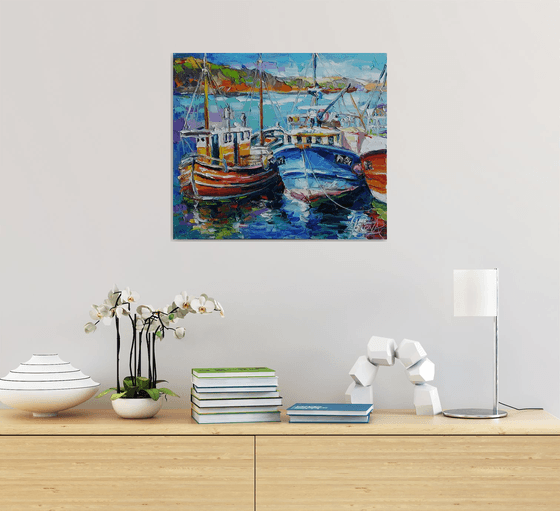 Painting Fishing boats, Nautical Painting, boat yacht bay