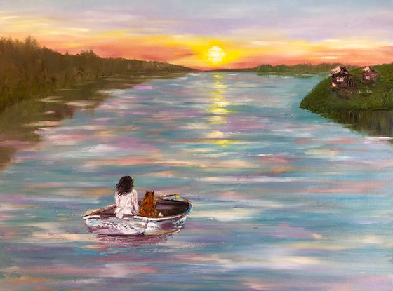 UNITY OF WORLDS - Love story. Flora and fauna. Sea sunset. Woman and fox. Boat. Friends. Animals.