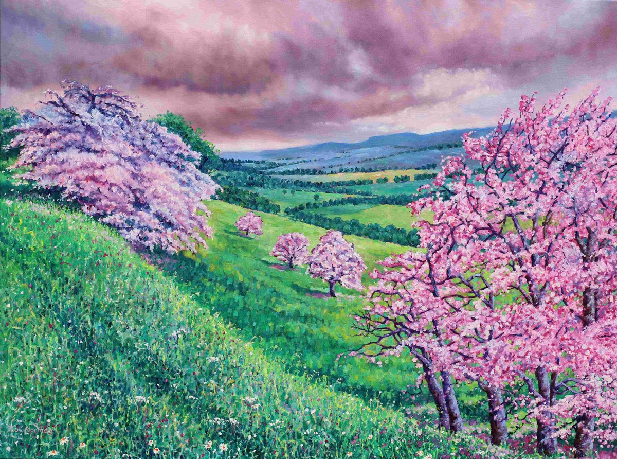 Impressionistic Landscape Oil Painting By Zoe Elizabeth Norman, 40 X 30", Rural Heights - Pink Blossom, Original Artwork