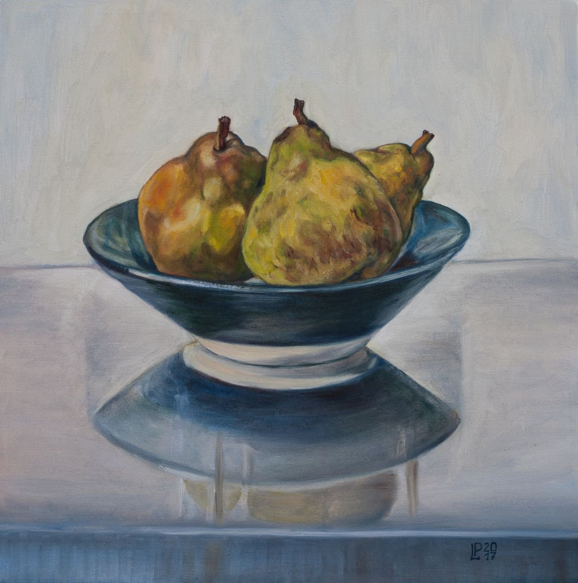 Photorealistic Still Life Oil Painting By Liudmila Pisliakova, 16 X 16", Three Pears In A Bowl, Original Artwork