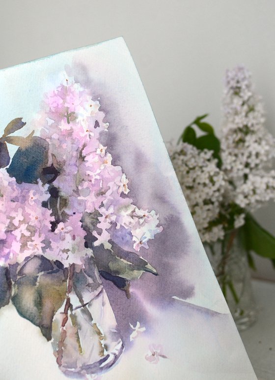 Lilac branch in a glass, Watercolor spring