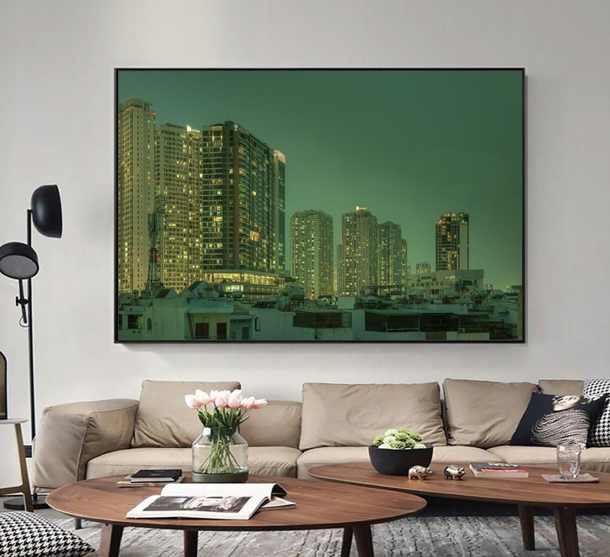 Photorealistic Cityscapes Photograph By Serge Horta, 59 X 39", Glowing Haze, Original Artwork