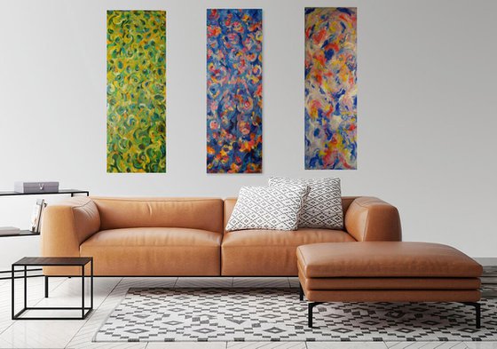 Triptych - Panel 'Peacock tail' - Abstract Art - Acrylic Painting - Large Size - Interior Art