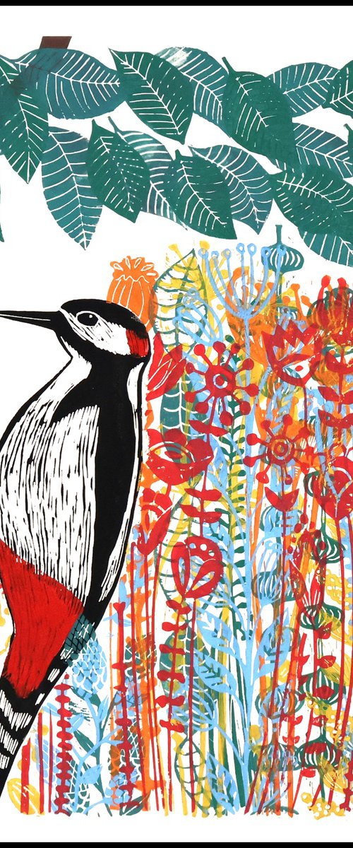 Woodpecker and Flowers by Mariann Johansen-Ellis