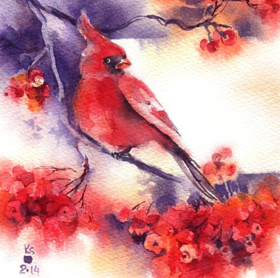 "New year card with rowan and cardinal bird" original watercolor artwork small format