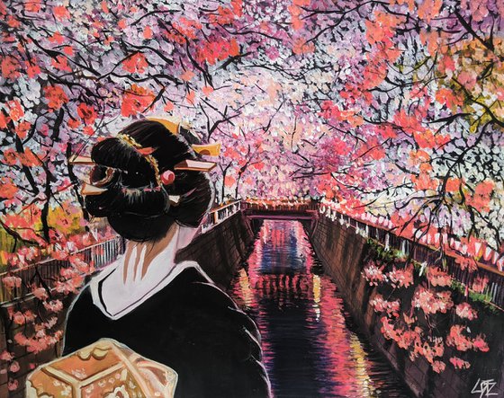 Geisha looking at cherry blossom.