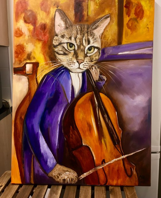 Cat Cellist inspired by Amedeo Modigliani.FELINE ART FOR CAT LOVERS GIFT IDEA