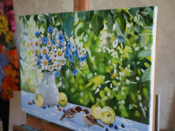 Daisies and Cornflowers with Sparrows
