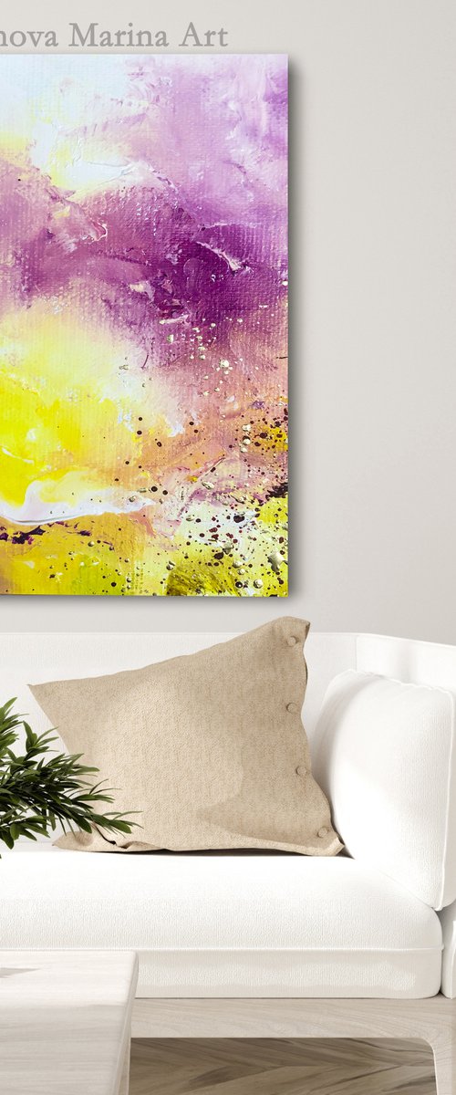 LILAC MIST - Mysterious abstraction. Liquid gold. Pink-yellow tones. Colored cloud. Fog. Spots. Image. by Marina Skromova
