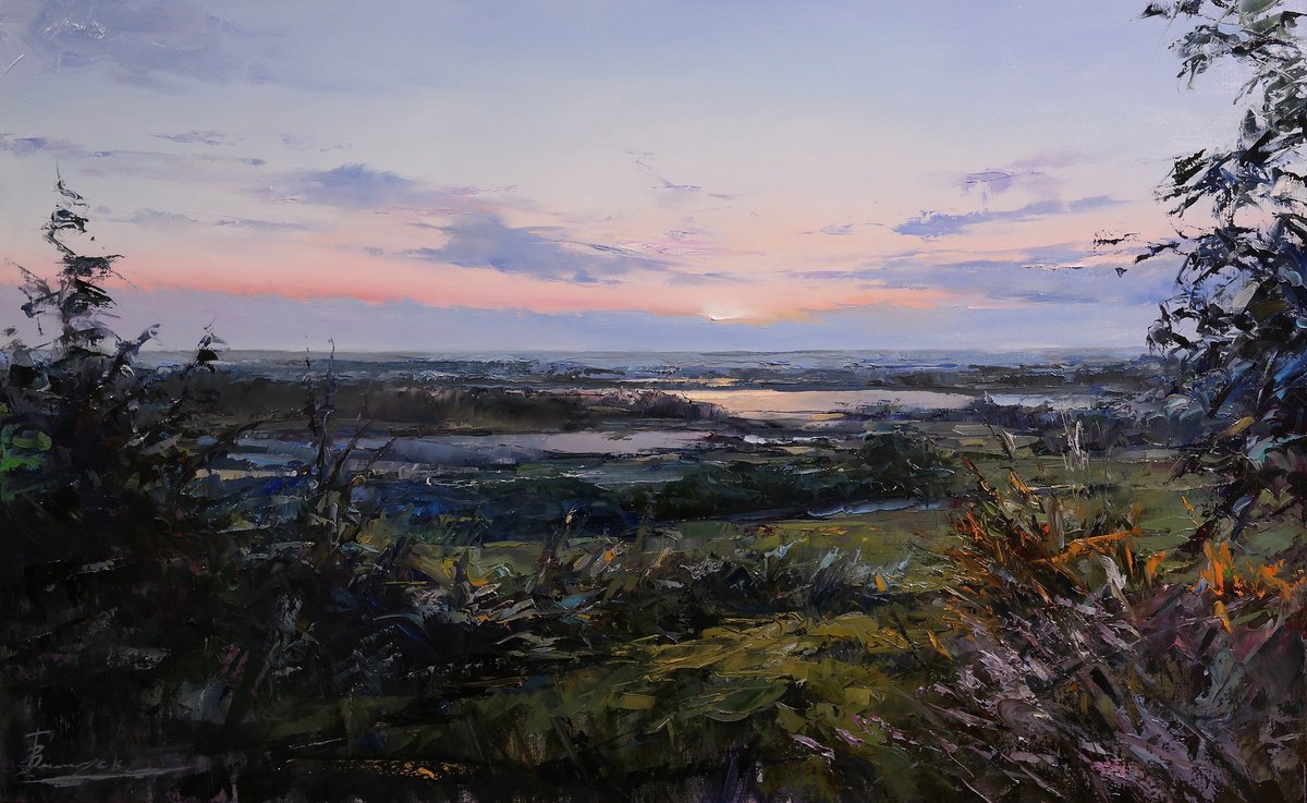 Impressionistic Landscape Oil Painting By Gennady Vylusk, 31 X 20, Whisper Of The Evening Light, Original Artwork