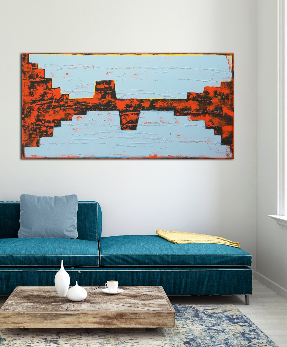 Original Landscape Painting - Abstract Art- 140x70 cm - Orange Breakers Blue - 1A by Ronald Hunter