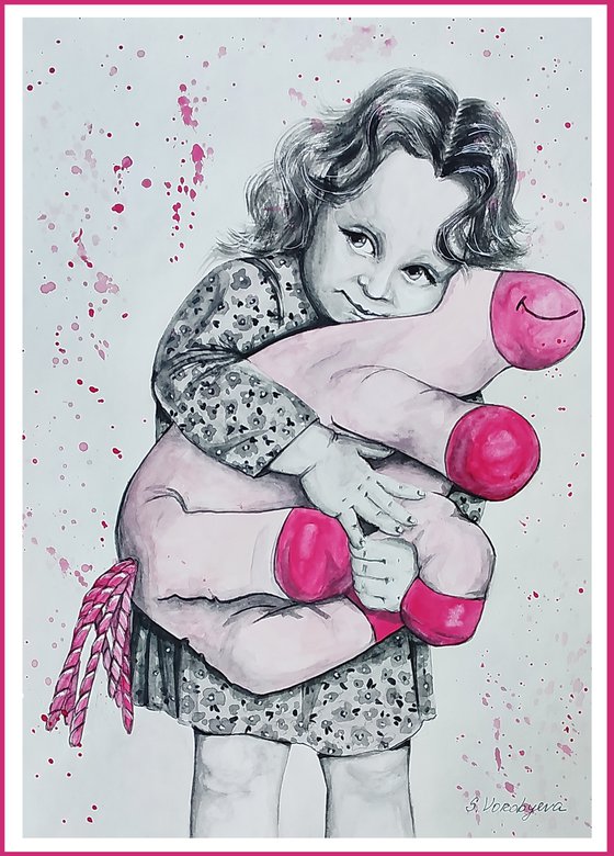 Little girl and Pink Unicorn. Original watercolor painting by Svetlana Vorobyeva