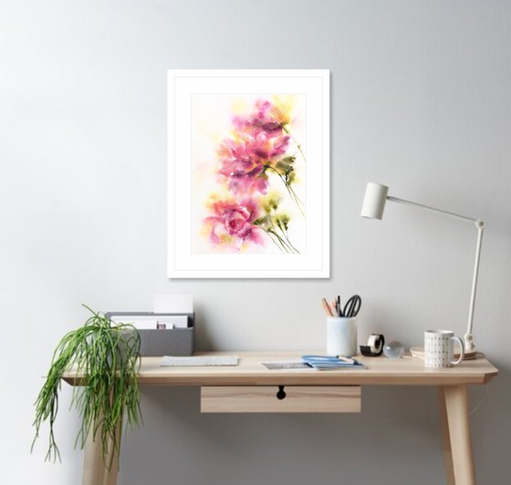 Pink flowers, abstract floral bouquet, watercolor