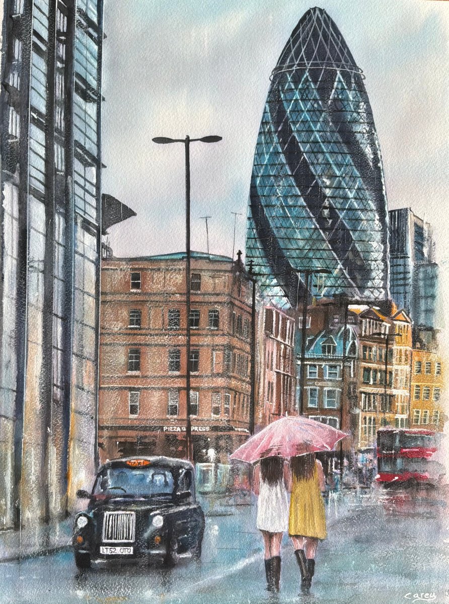 Photorealistic Watercolour , Sunshine And Rain, London City Scene By Darren Carey, 11 X 15, Artwork For Sale On Artfinder