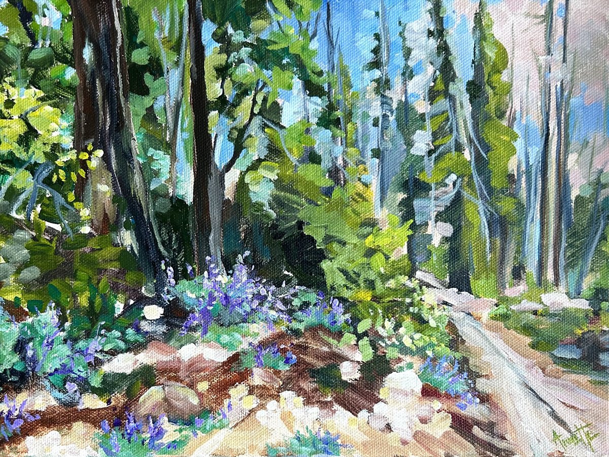 Impressionistic Landscape Acrylic Painting By Annette Wolters, 12 X 9, Lupine Trail Wilderness, Original Artwork