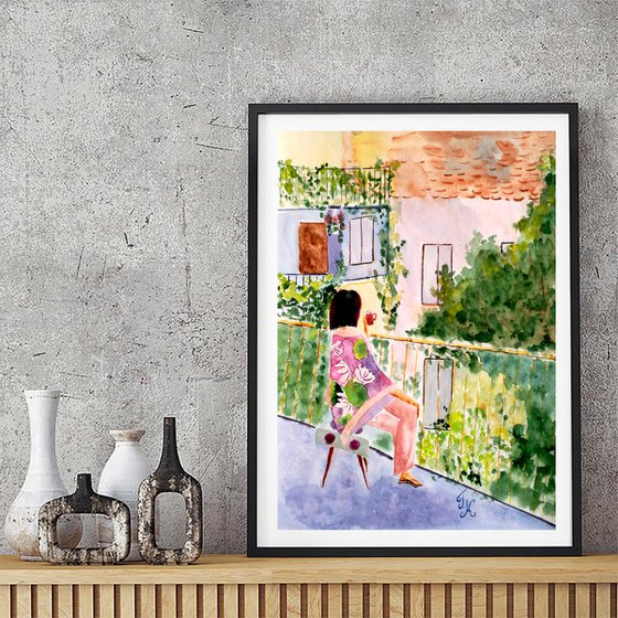 Woman Painting Paris Morning Original Art Lady Small Watercolor Coffee Time Artwork Home Wall Art 12 by 17" by Halyna Kirichenko