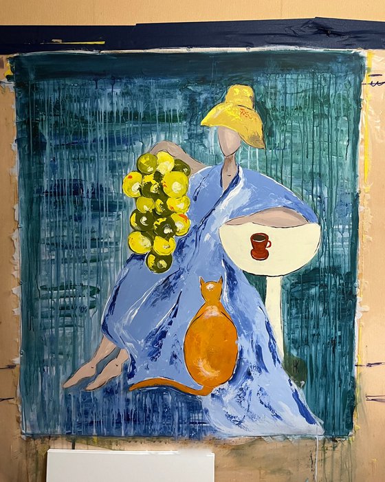 Woman with Cat Painting