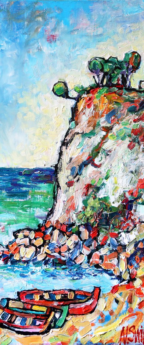 Rocks, boats and sea. Spain. by Nikifor Swiristuhin