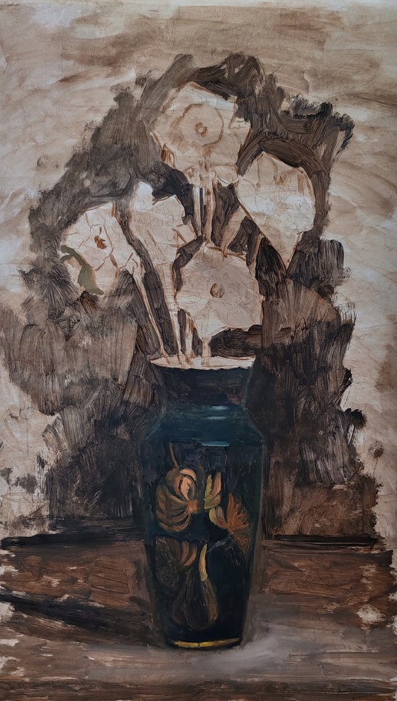 Five daffodils in a dark vase