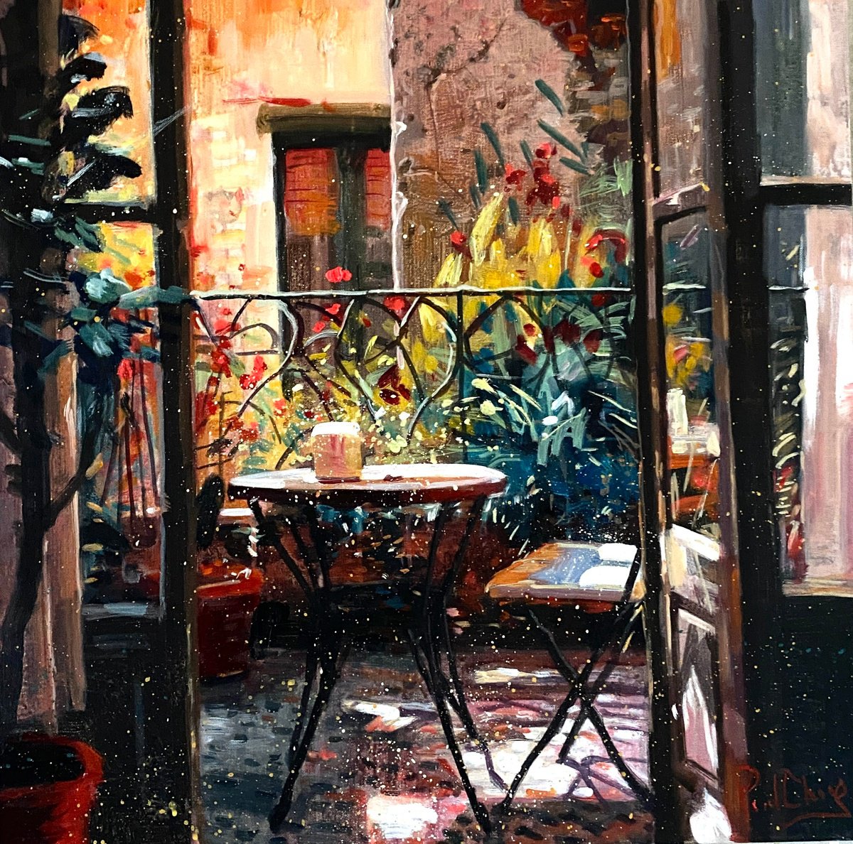 Impressionistic Cityscapes Acrylic Painting By Paul Cheng, 24 X 24", Balcony In Morning Light, Original Artwork