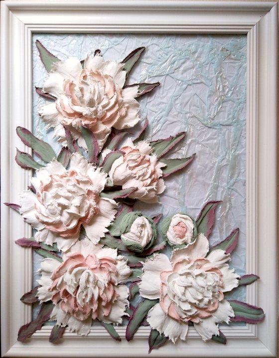 White peonies on glass-3d sculptural relief still life with a bouquet of flowers 35x45x6 cm