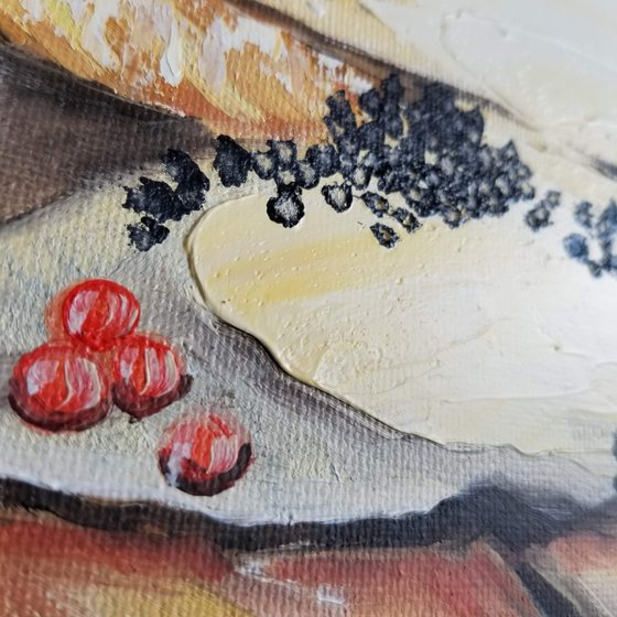 Still Life with Red and Black Caviar. Original Oil Painting. Interior painting with traditional Russian treat.