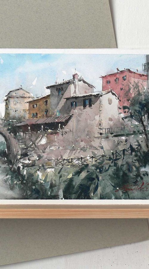 Italian countryside landscape, watercolor on paper. by Marin Victor