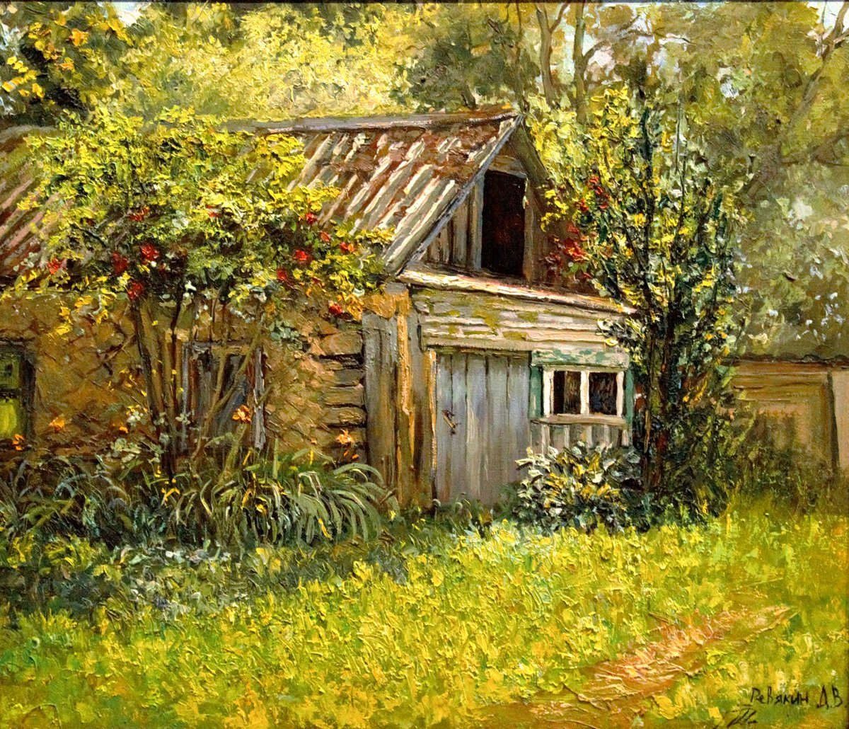 Old house garden. Original oil painting by Dmitry Revyakin
