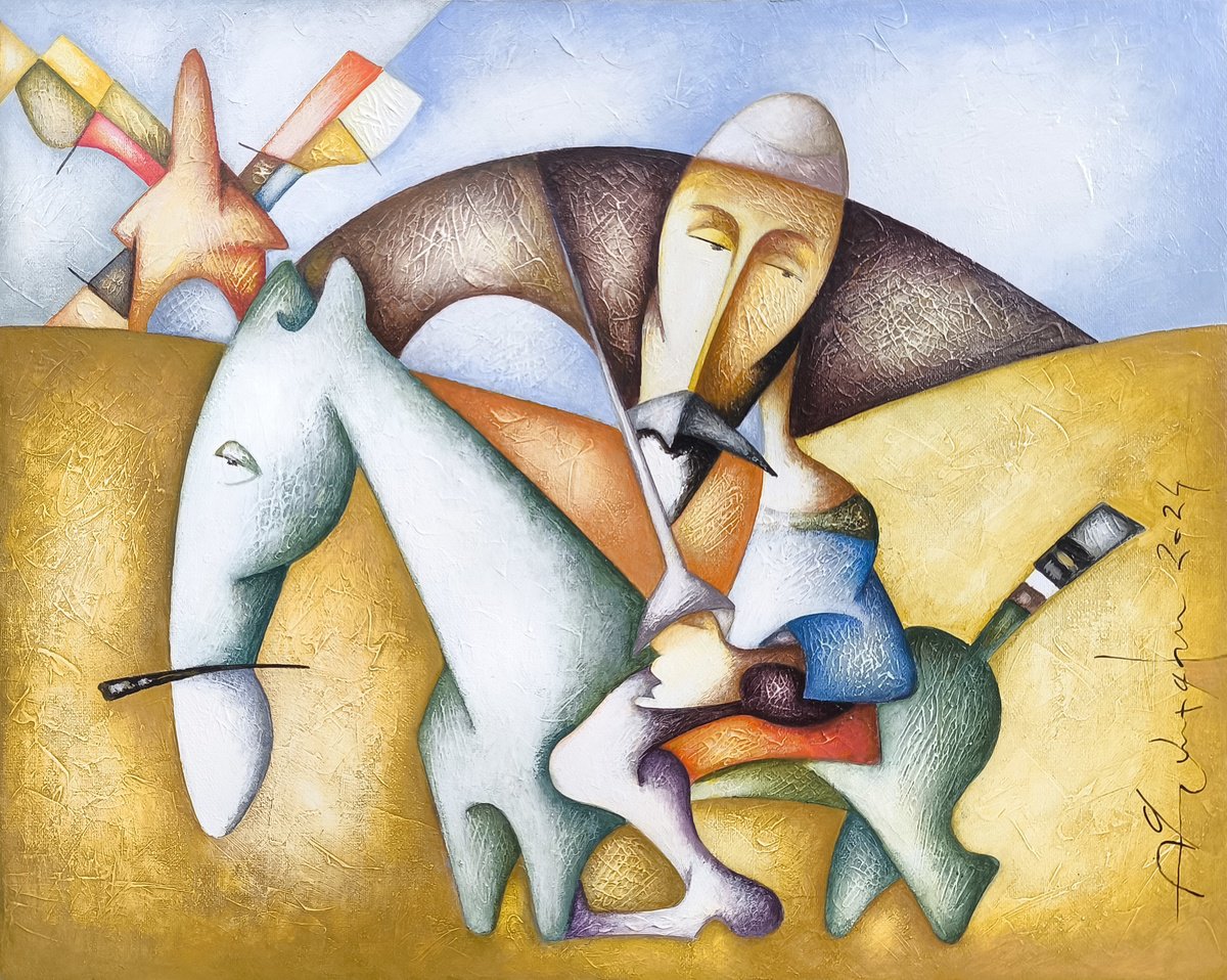 Naive Portrait Oil Painting By Sargis Zakarian, 20 X 16", Don Quixote