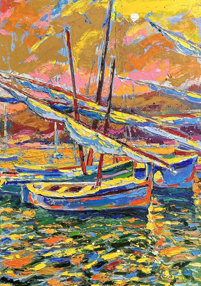 Impressionistic Landscape Oil Painting By Andrii Chebotaru, 28 X 39, Evening Over The Bay France, Original Artwork