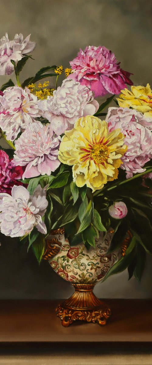 Peonies in a ornate vase by Natalia Shaykina