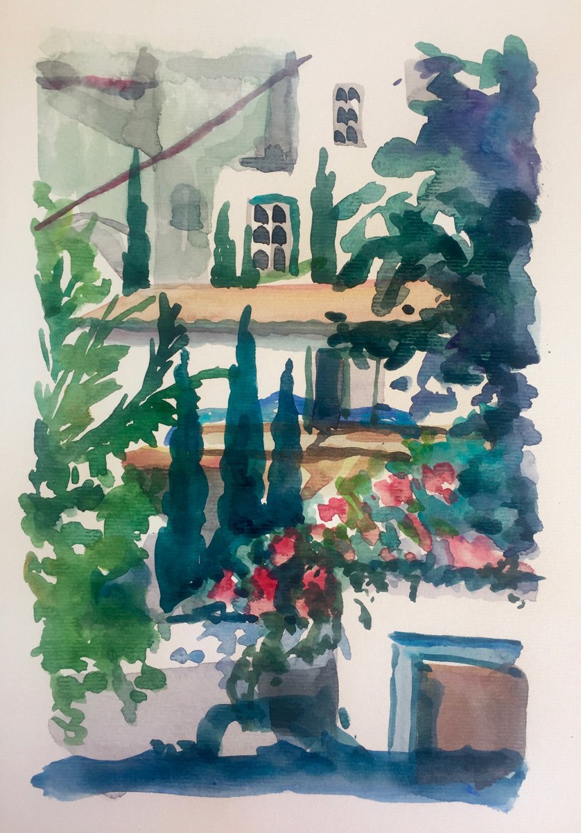 View up the hill through the Oleander bushes and Cypress trees, Hydra Island - Greece by Annie Meier